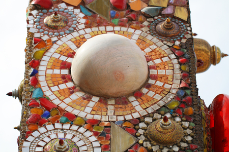 the art design of the colorful broken tile, bead, bowl lid and stone decorating for abstract art interior wallpaperの写真素材
