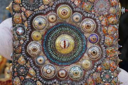 close-up art design of the colorful broken tile, bead, bowl lid and stone decorating for abstract art interior wallpaperの写真素材