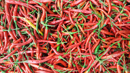 close-up organic fresh red Chili Peppers at fresh market as nature ingredient backgroundsの写真素材