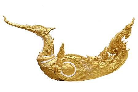 Golden art mystery bird, Lantern hanger designed swan statue isolated in white background, Traditional ancient unique style lighting lamp of Thailand, Home decoration mythology styleの写真素材