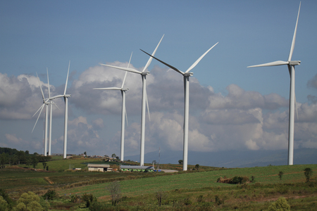 wind turbine on clear blue sky, Renewable electricity Energy, sustainable conservation power...