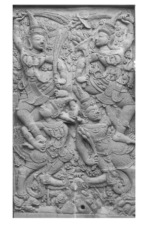 stone carving sclupture of Ramakien Performance male and female guardian angel in the middle of heaven forest isolated on white backgrounds, home decoration backgrounds, thai hindu culture crafting souvenirの写真素材