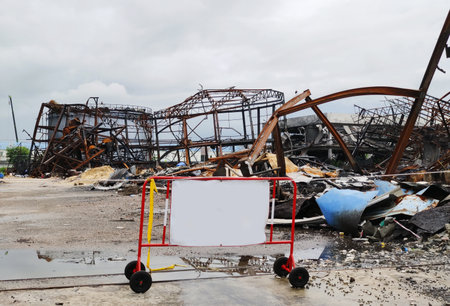 Disaster on demolished construction of factory from explosion fire from gas leak, earthquake, flooding, storm with notification blank signの写真素材