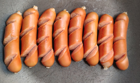 group of fried sausages on hot kitchen pan in fresh marketの写真素材