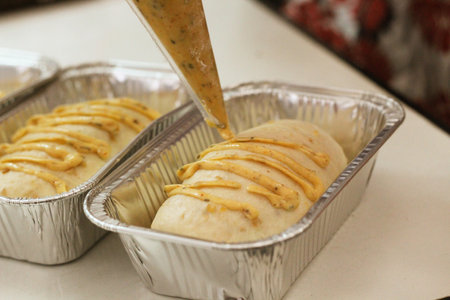 cooking homemade buns with mayonnaiseの写真素材