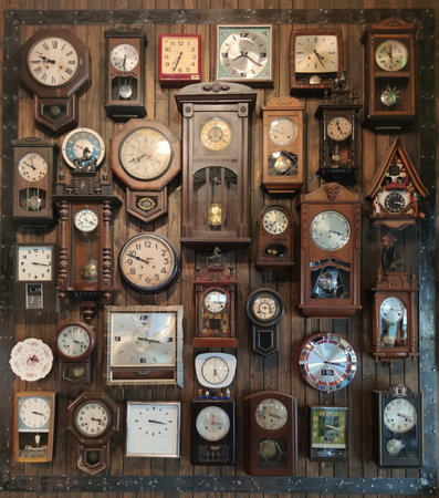 A decorative wall filled with antique and vintage clocks mounted on an aged wooden surface,...