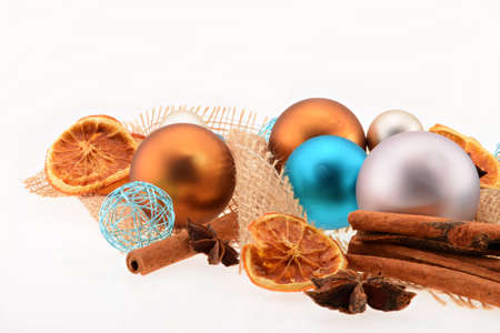 Christmas Decoration with Christmas Balls in Blue, White and Goldの写真素材