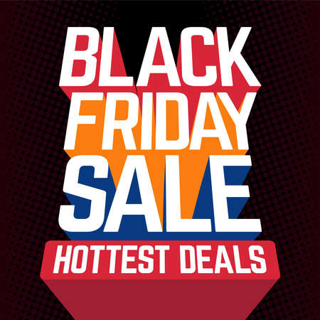 Black Friday Sale Hottest Deals vector banner sign with perspective sans-serif font and long colorful trail shadows on black background.のイラスト素材