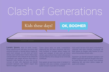 Vector illustration of smartphone and multiple OK Boomer chat bubbles represents social media conflict between baby boomers and younger generation Z and millennials, ignited by popular meme.のイラスト素材