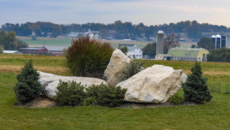Amish Farm Landscape with a Rock Garden in the Foregroundの写真素材