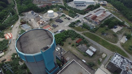 Aerial View of an Abandoned Nuclear Power Plant as Seen by a Drone on a Summer Dayの写真素材