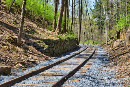 New Rail Road Track on 1830's Right of Way with Stone Wallの写真素材