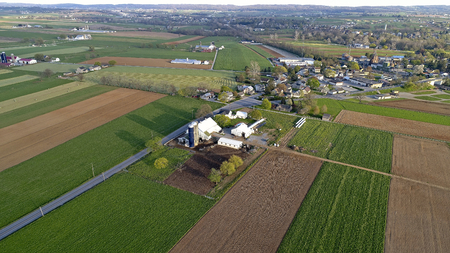 Aerial View of Amish Farm Lands and Countryside on a Sunny Dayの写真素材