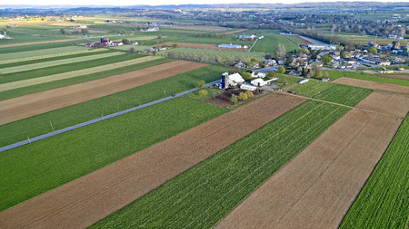 Aerial View of Amish Farm Lands and Countryside on a Sunny Dayの写真素材