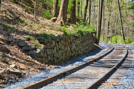 New Rail Road Track on 1830's Right of Way with Stone Wallの写真素材