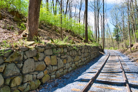 New Rail Road Track on 1830's Right of Way with Stone Wallの写真素材