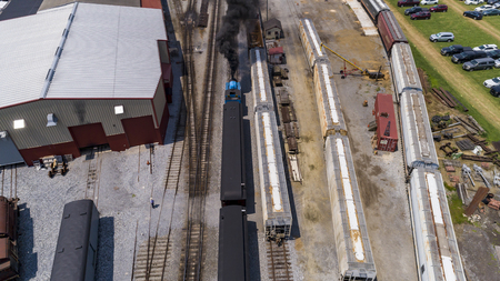 Aerial View of Train Yard Waiting for Trains on a Sunny Summer Dayのeditorial素材
