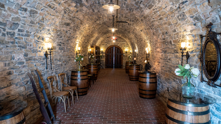 View of a Wine Cellar made of a Stone Hallwayのeditorial素材