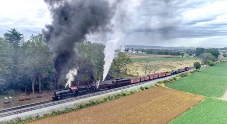 Strasburg, Pennsylvania, October 2019 - Aerial View of 2 Antique Norfolk and Western Steam Engines...