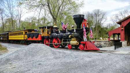 Replica of an Old 1860s Steam Engine Getting Ready on an Early Spring Dayの写真素材
