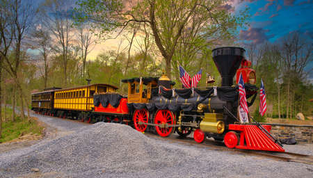 Replica of an Old 1860s Steam Engine Getting Ready on an Early Spring Dayの写真素材