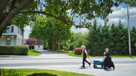 Gordonville, Pennsylvania, June 2020 -An Amish Family Walking along a Country Road Pulling a Wagon with a Small Child in itのeditorial素材
