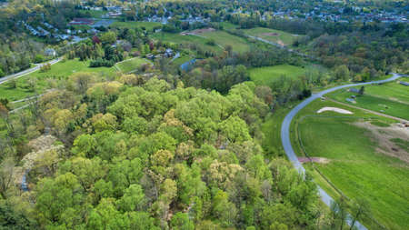 An Aerial View of Beautifully Blooming Colored Trees and Plants and Unique Structures on a Spring Dayの写真素材