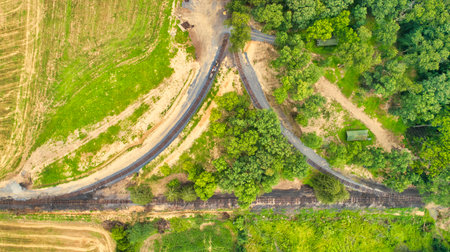 A Drone Downward View of a Train Track Wye, Turn Around, Under Constructionの写真素材
