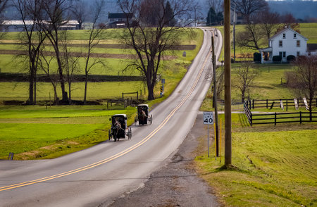 A View of Two Amish Horse and Buggies Traveling Down a Countryside Road Thru Farmlands on a Sunny December Dayの写真素材