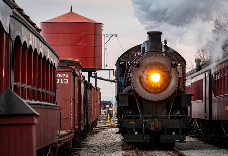 Strasburg, Pennsylvania, December 27, 2022 - A View of a Classic Steam Passenger Train Arriving into a Train Station Blowing Smoke and Steam, on a Winter Dayのeditorial素材