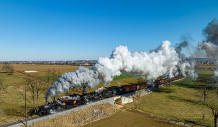 Ronks, Pennsylvania, February 18, 2023 - An Aerial View of a Steam Double Header Freight and Passenger Train, Traveling Thru Farmlands, Blowing Smoke, on a Winter Dayのeditorial素材