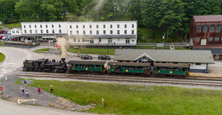 Cass, West Virginia, June 6, 2022 - An Aerial View of A Shay Locomotive Getting Ready to Push Passenger Coaches on a Scenic Tour of the Mountains of West Virginia on a Summer Dayのeditorial素材