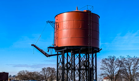 A View of An Old Red Steam Engine Water Tower, Waiting to be Used, on a Sunny Winter Dayの写真素材