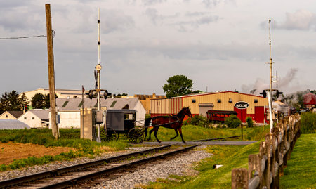 A View of an Amish Horse and Buggy, Crossing a Countryside Rail Road Crossing on an Early Spring Morningの写真素材