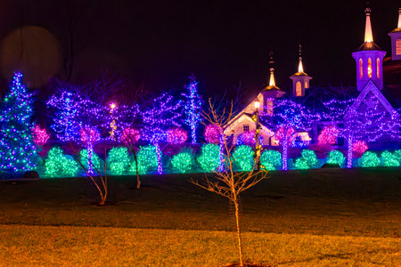 View of a Large Drive Thru Christmas Display, With Lots of Colored Lighted Tree, Buildings, Bushes, on a Beautiful Nightの写真素材