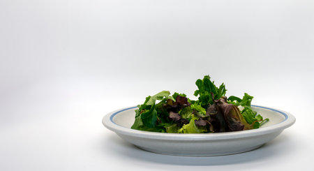 A Table Top View of a Spring Lettuce Salad on a Plate With a White Backgroundの写真素材