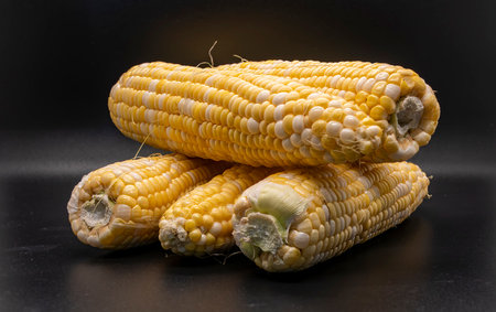 A Table Top View of Corn on the Cob, Whit a Black Background, Sitting on the Table