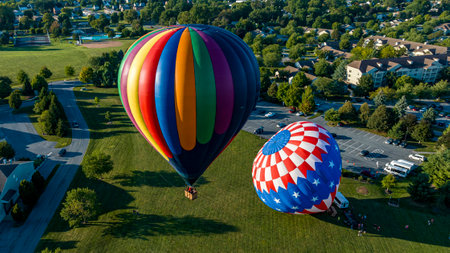 An Aerial View of One Hot Air Balloons Setting Up to Launch With One in the Air, on a Field in a...