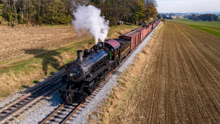 Ronks, Pennsylvania, November 7, 2021 - An Aerial View of an Antique Steam Freight Passenger Train...