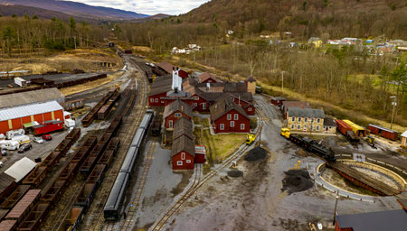 Rockhill Furnace, Pennsylvania, April 2, 2023 - Early Morning, Getting Ready - Aerial of Locomotive 16 Narrow Gauge Steam Locomotiveのeditorial素材