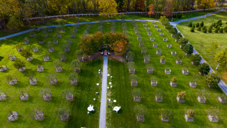 Elizabethtown, Pennsylvania, October 22, 2023 - An Aerial View of a Iron Gazebo in the Center of an Orchard on an Autumn Dayのeditorial素材