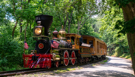 New Freedom, Pennsylvania, June 17, 2023 - A View of an Approaching Steam Passenger Train Blowing Smoke on a Sunny Summer Dayのeditorial素材