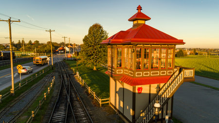 Strasburg, Pennsylvania, October 28, 2021 - An Aerial View of a Restored Railroad Switching Tower at Sunriseのeditorial素材