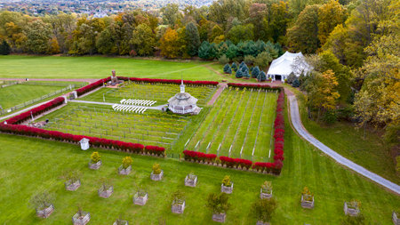 Elizabethtown, Pennsylvania, October 22, 2023 - An Aerial View of a Large Gazebo in the Middle of a Vineyard, With Seating for a Weddings on an Autumnのeditorial素材