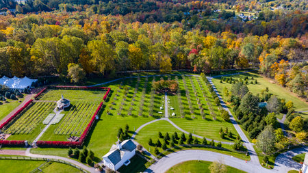 Elizabethtown, Pennsylvania, October 22, 2023 - An Aerial View of a Gazebo, Vineyard and Orchard, in Autumn With Fall Colorsのeditorial素材