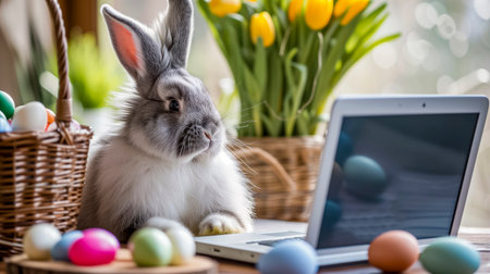 A Curious Bunny Inquisitively Peering At A Laptop Next To A Basket Of Colorful Easter Eggs And Vibrant Tulips In A Sunny Indoor Setting.の素材