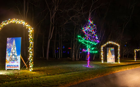 Night View Of A Colorful Holiday Display Featuring A Lit Archway, A Sign With A Christmas Tree Image, And A Streetlamp Surrounded By Glowing Red Bushes.の写真素材