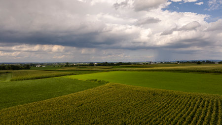 Dramatic storm clouds roll in over a patchwork of farmlands, highlighting the dynamic interplay between weather and agriculture.の写真素材