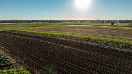 The late afternoon sun highlights a serene expanse of farmland, with rows of crops and tilled soil,...