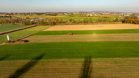 The warm light of the setting sun highlights a patchwork of agricultural fields, presenting a...